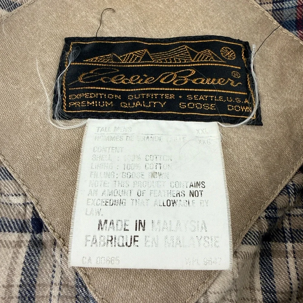 Eddie Bauer Mens XXL Tall Goose Down Bomber Jacket‎ Tan Cotton Plaid Lining Vtg